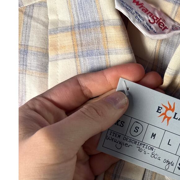 Vintage 70s-80s Wrangler Cream Blue Plaid Button Up Short Sleeve Shirt Men Small - Picture 4 of 4